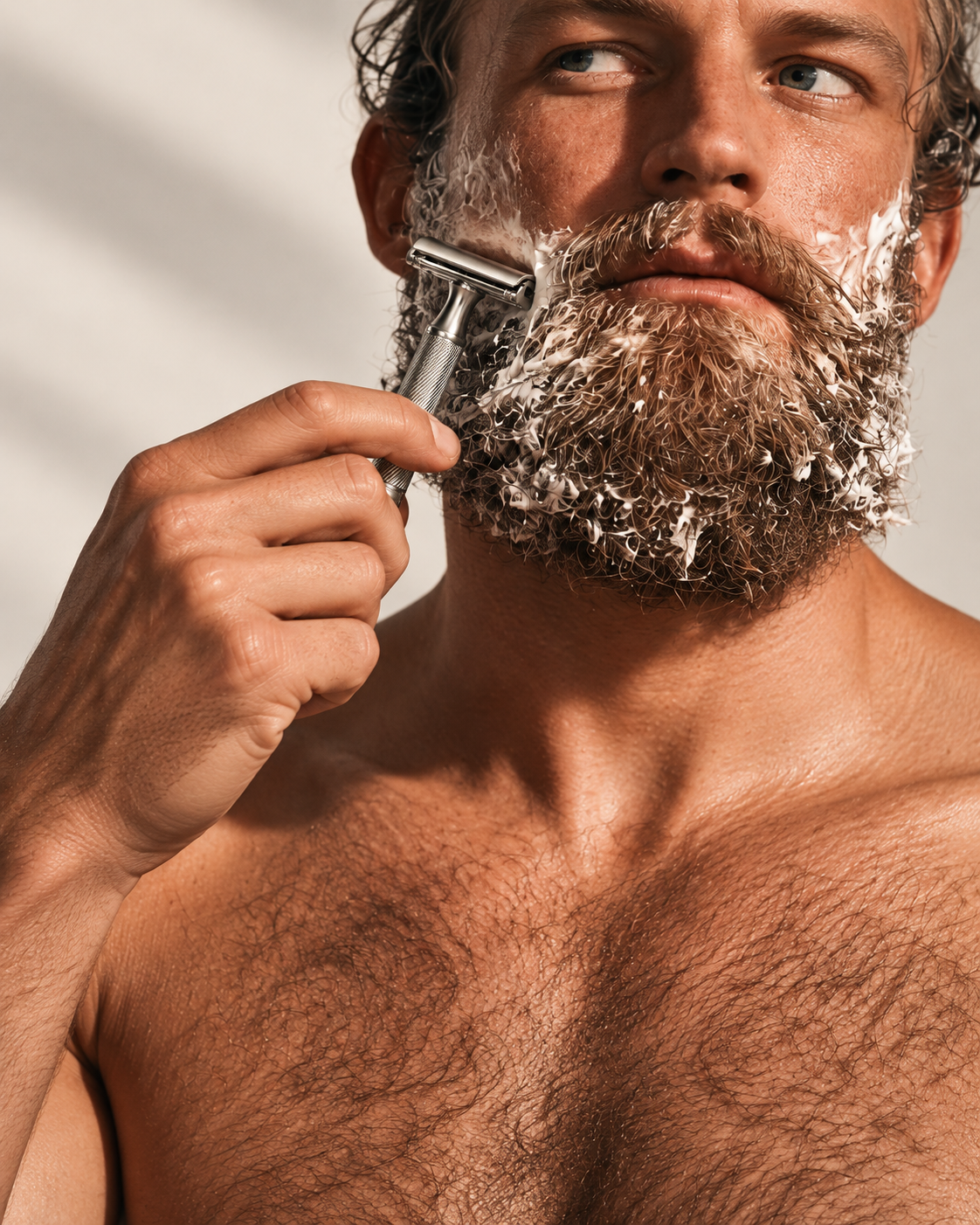Shaving a full beard with Blade 001 in warm sunlight